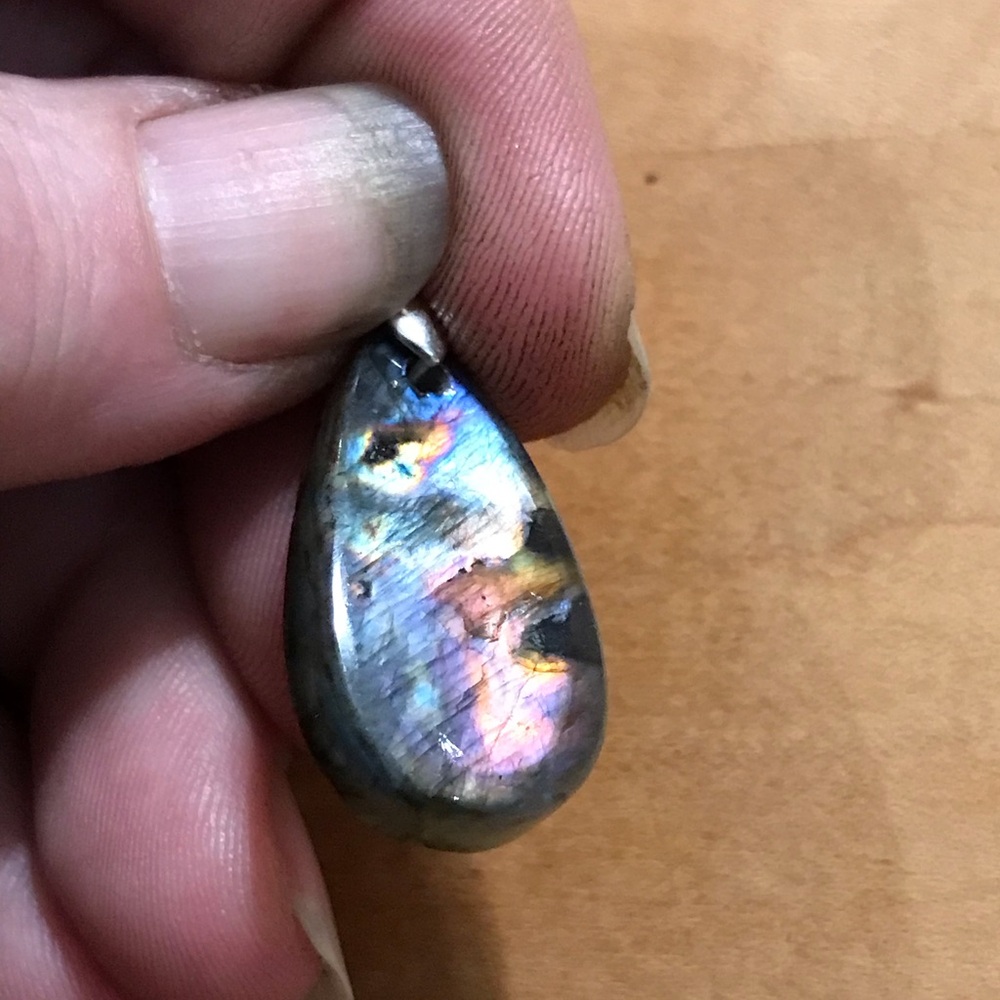 Dainty Flashy Beautiful Pink/Blue Labradorite Teardrop Pendant Necklace